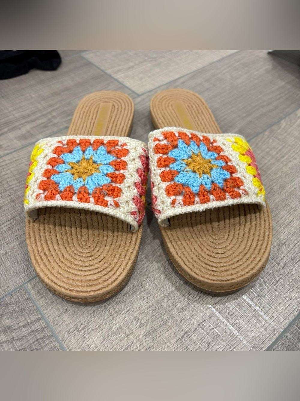 Fashion Nova Multicolor Crochet Slide Sandals - Cream, Orange, Blue, Yellow, Tan